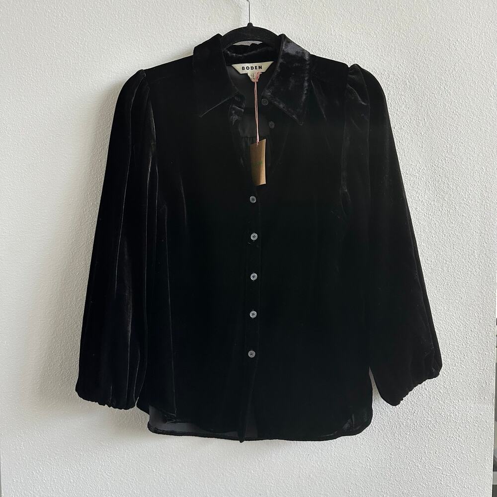 Boden Eloise Womens Size 2R Velvet Button Down Shirt Black Chic Luxury